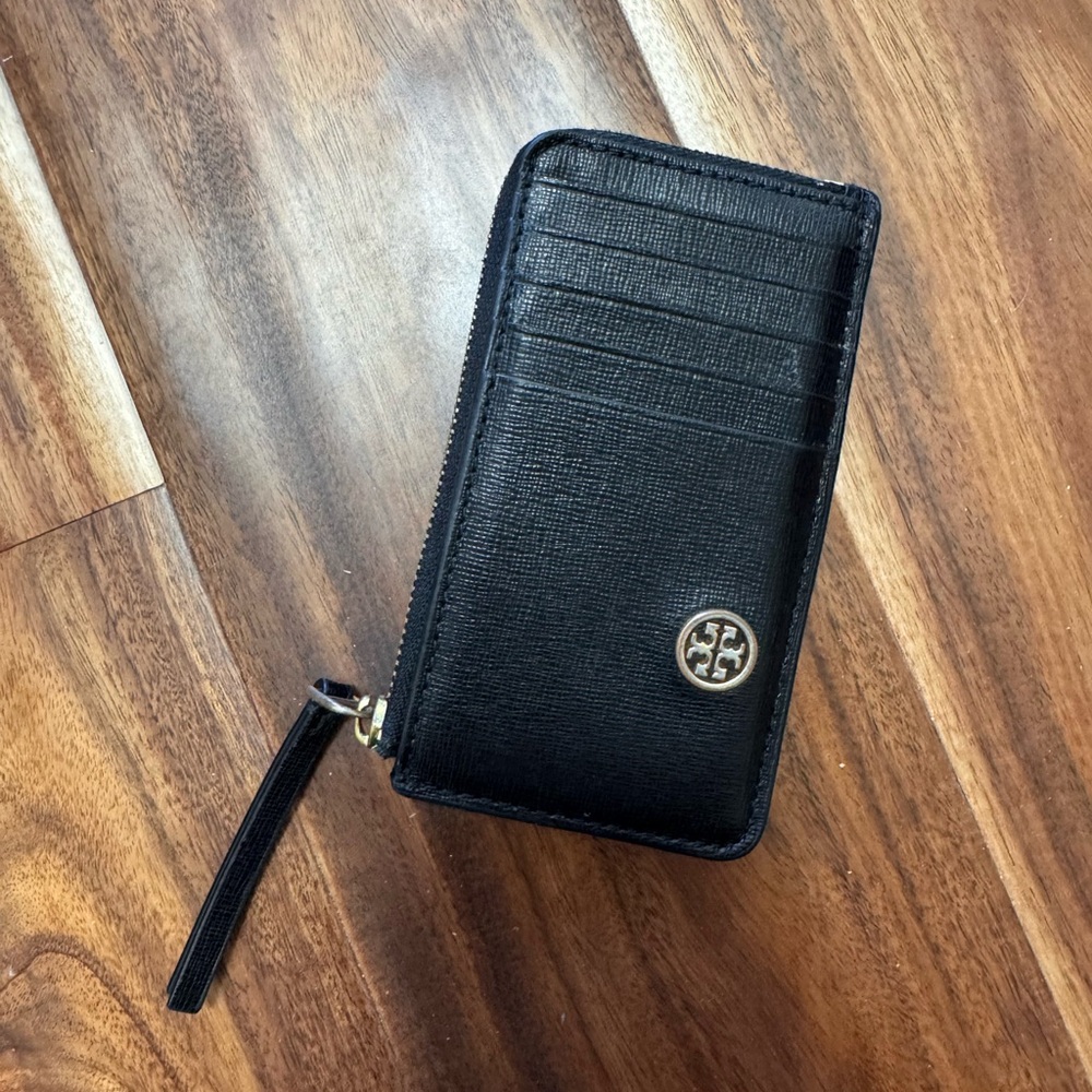 Tory Burch Black Zip Card Case with Gold Logo